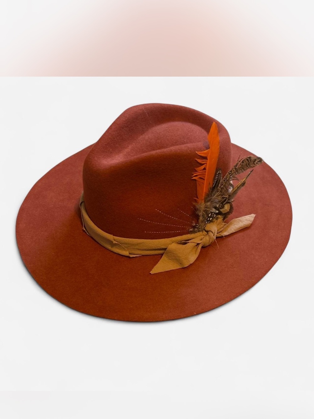 Cognac Brown Wool Fedora Hat with Feather Trim